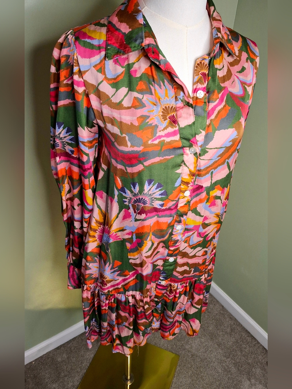 THML Floral Boho Mini Dress XS Button Front Ruffle Hem Vacation